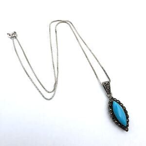 Turquoise And Marcasite Pendant Necklace SU 925 Sterling Silver Marquis Halo 16"